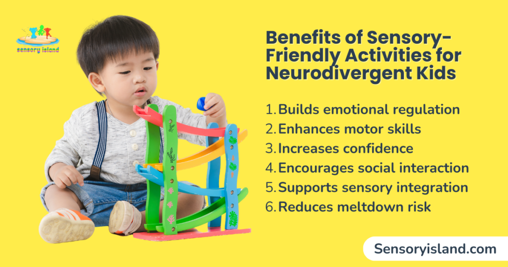 Child playing with a colorful sensory toy, showing how sensory-friendly activities support emotional regulation, motor skills, confidence, and sensory integration for neurodivergent kids.