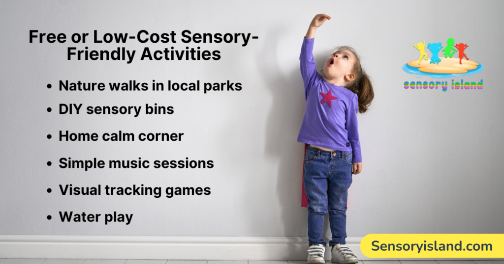 Child reaching upward indoors, representing free and low-cost sensory-friendly activities like nature walks, DIY sensory bins, calm corners, music sessions, visual tracking games, and water play for neurodivergent kids.