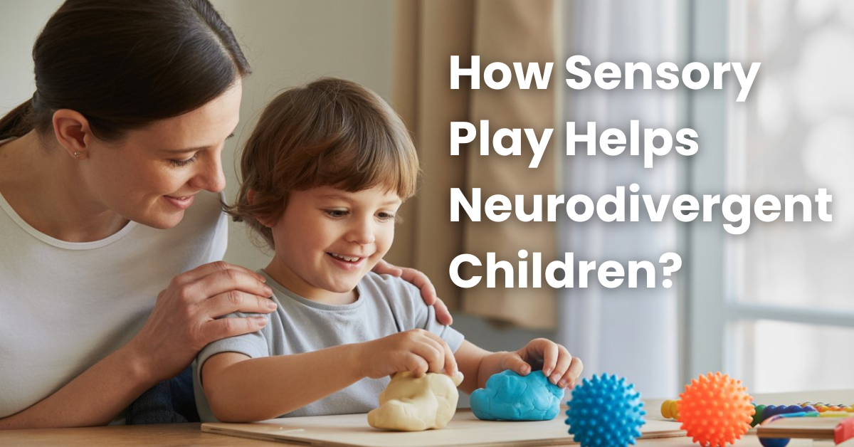 Featured image showing a parent gently supporting a young neurodivergent child during calm sensory play with soft modeling clay and sensory toys, illustrating how sensory play helps emotional regulation, learning, and confidence in a safe home environment.