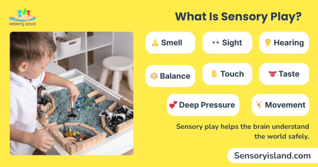 Infographic explaining what sensory play is, showing a child engaged in tactile sensory bin play and listing senses involved such as smell, sight, hearing, touch, taste, balance, movement, and deep pressure, illustrating how sensory play helps neurodivergent and sensory-sensitive children understand the world safely.