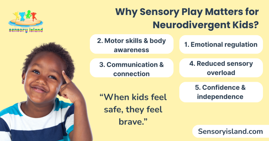 Infographic explaining why sensory play matters for neurodivergent children, highlighting benefits such as emotional regulation, motor skills and body awareness, communication and connection, reduced sensory overload, and increased confidence and independence, with a child smiling to represent safe and supportive sensory development.