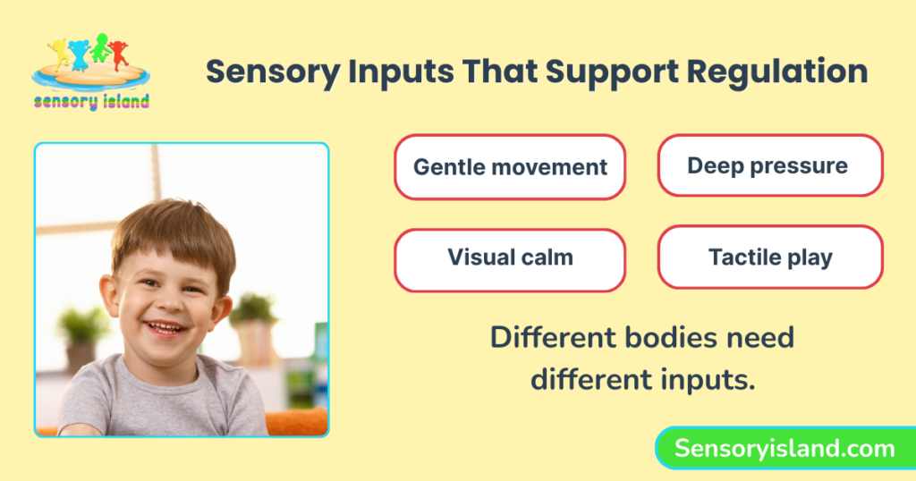 Infographic explaining sensory inputs that support regulation in sensory-sensitive and neurodivergent children, highlighting gentle movement, deep pressure, visual calm, and tactile play.
