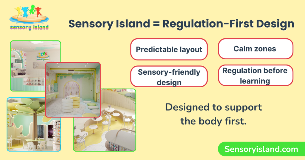 Infographic showing Sensory Island as a regulation-first, sensory-friendly space for neurodivergent and sensory-sensitive children, highlighting predictable layouts, calm zones, and design that supports regulation before learning.