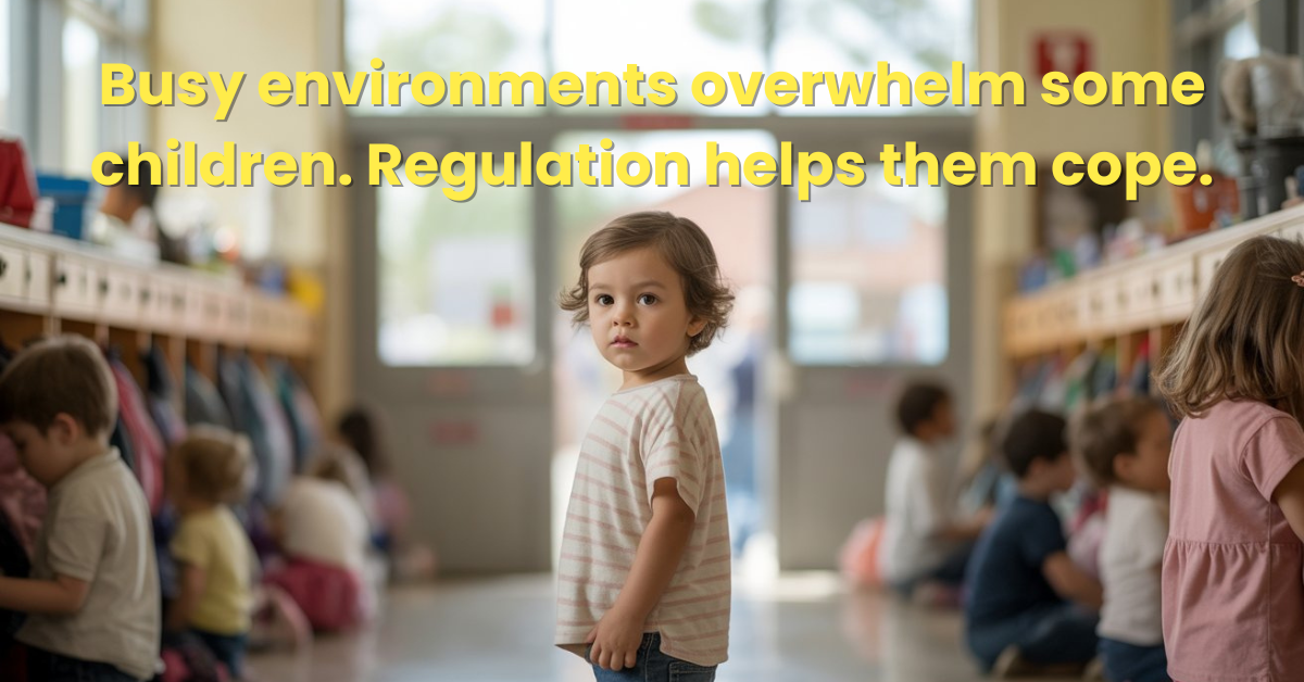 Sensory-sensitive toddler standing in a busy classroom environment with other children in the background, illustrating how noisy, crowded settings can overwhelm children and why emotional regulation support is important for neurodivergent kids.