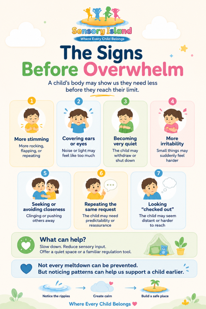 Common early warning signs that a sensory-sensitive or neurodivergent child may be becoming overwhelmed.