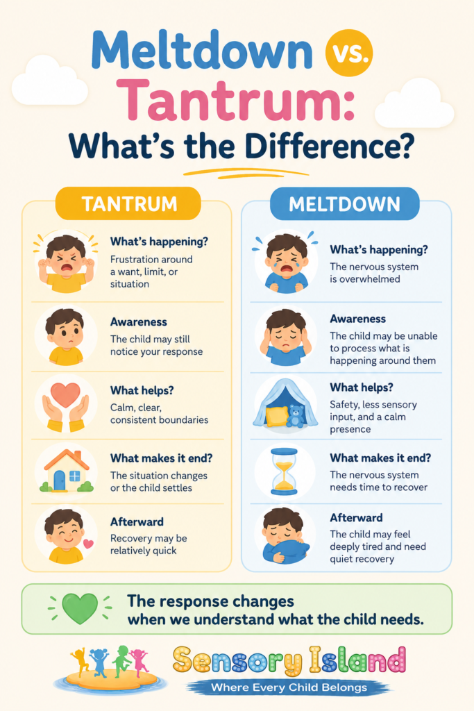 Side-by-side comparison of key differences between a meltdown and a tantrum in children.